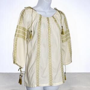 Boho Peasant Blouse Ivory Gold Embroidery Tassel Tie Cotton Top Vintage Y2K Sz S